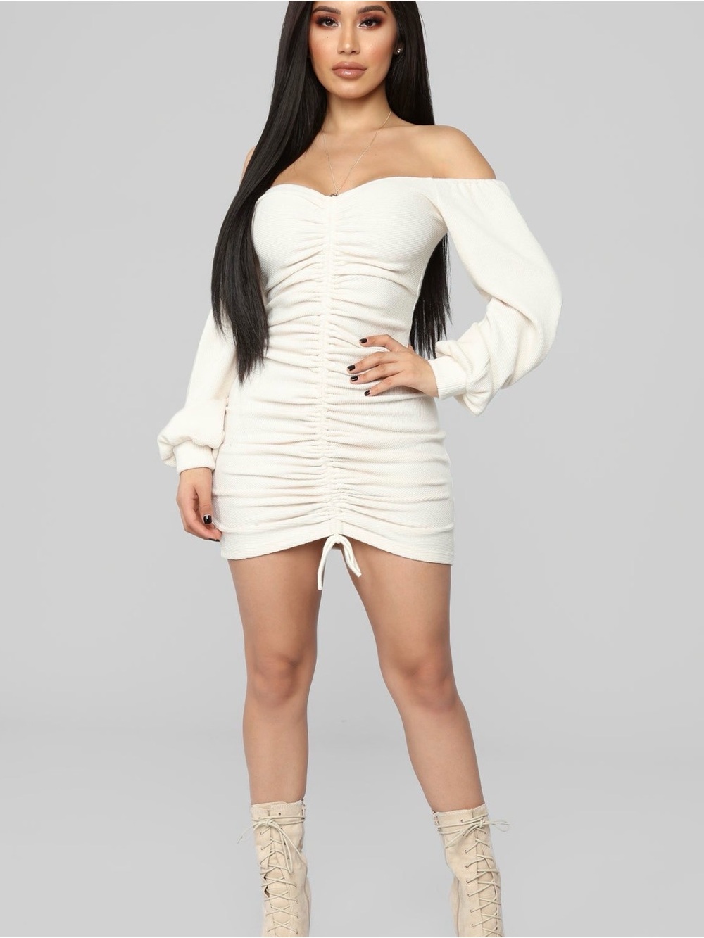 Fashion Nova Baby I’m In Love Off-Shoulder Ruched Mini Dress in Cream